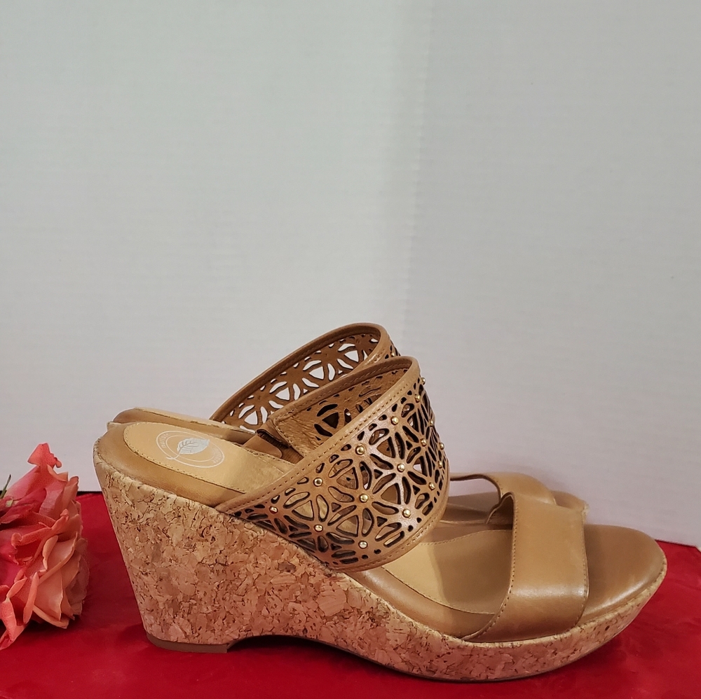 Nurture "Alea" Laser Cut Cork Wedge Leather Sandals Heels, Size 9.5 M